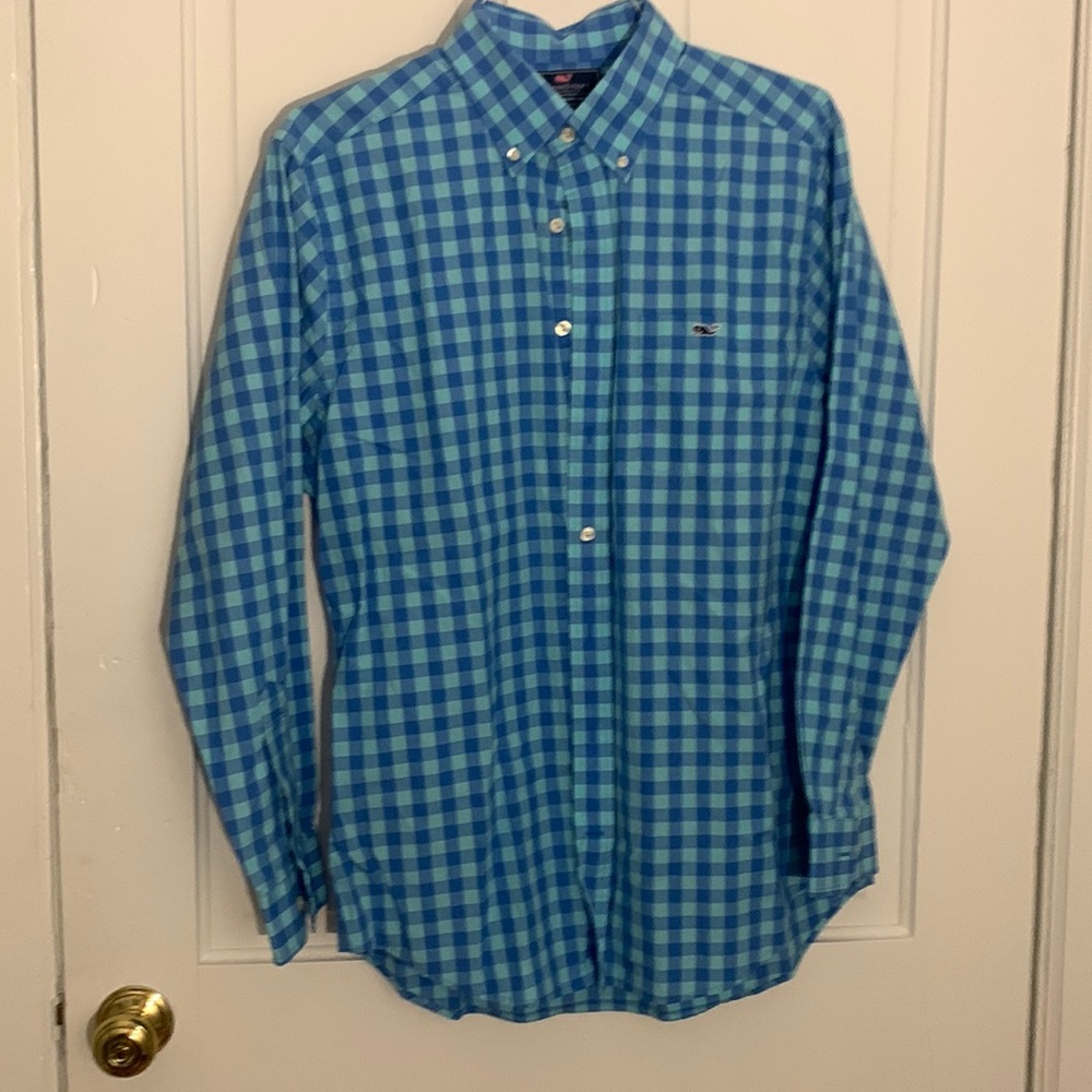 Vineyard Bines Slim Fit Tucker Shirt - Blue on Blue Check